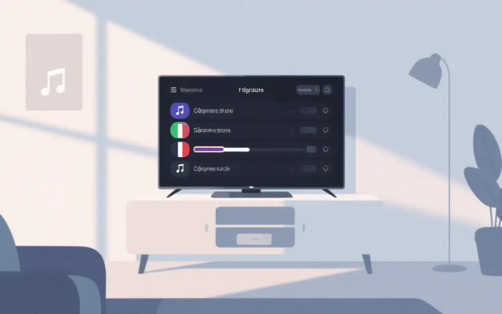 电视投屏设置与多语言音轨选择的界面感插画，简洁清晰的客厅科技氛围